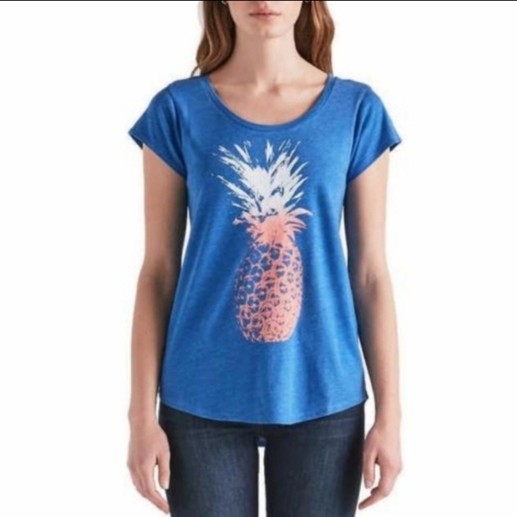 Lucky Brand Tee Pineapple Print Scoop Neck Short Sleeve Blue L NWOT - Picture 2 of 12
